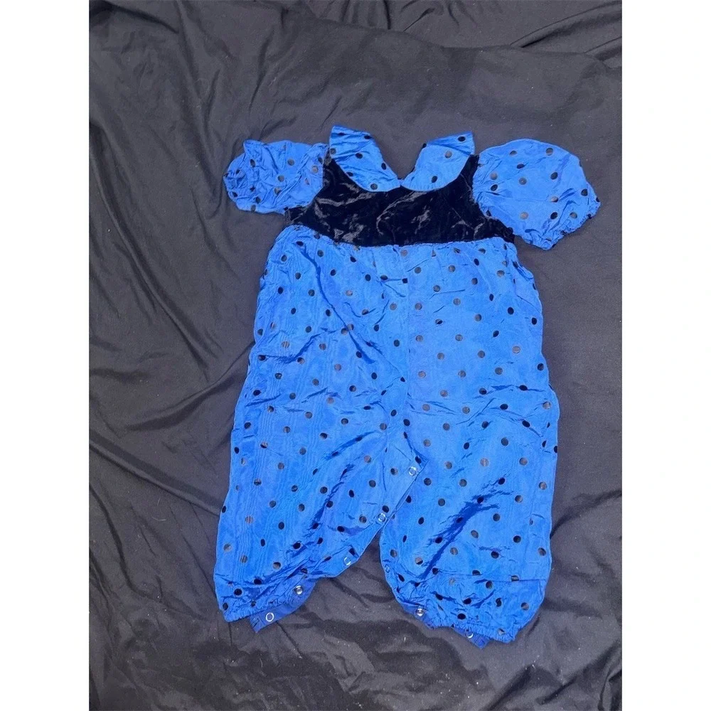 Vintage Girl Romper Blue Black Polka Dot Puff Sleeve Snap Crotch 9-12M one piece